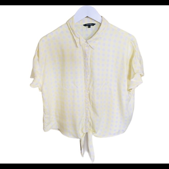 GEORGE Gingham Plaid Ruffle Blouse With Tie Front & Cap Sleeves Yellow Sz Large - Picture 12 of 13